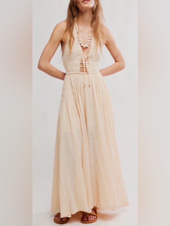 Free People Dresses & Skirts - NEW FREE-EST BY FREE PEOPLE ANGEL Plunge Halter Neck ivory MAXI DRESS sz M